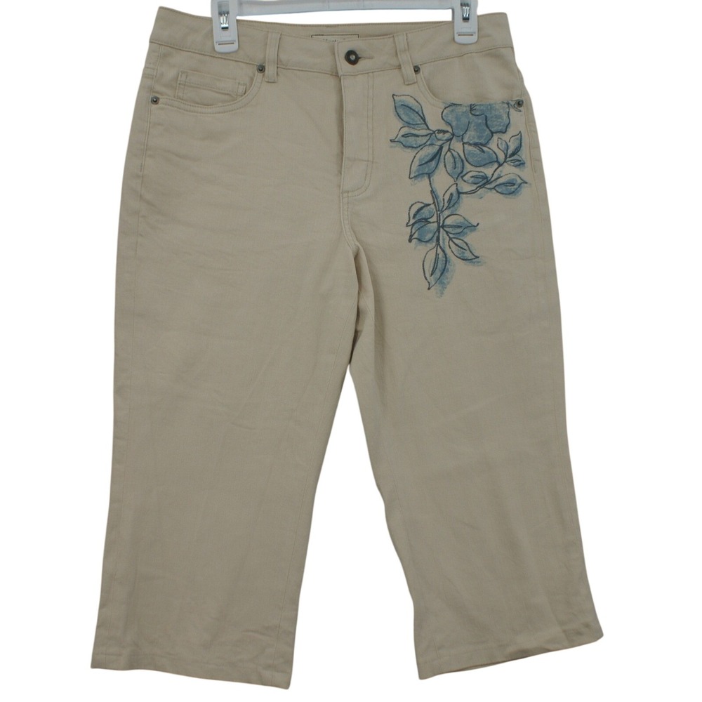 Coldwater Creek Womens Beige Floral Embroidered Crop Denim Capris Size 10